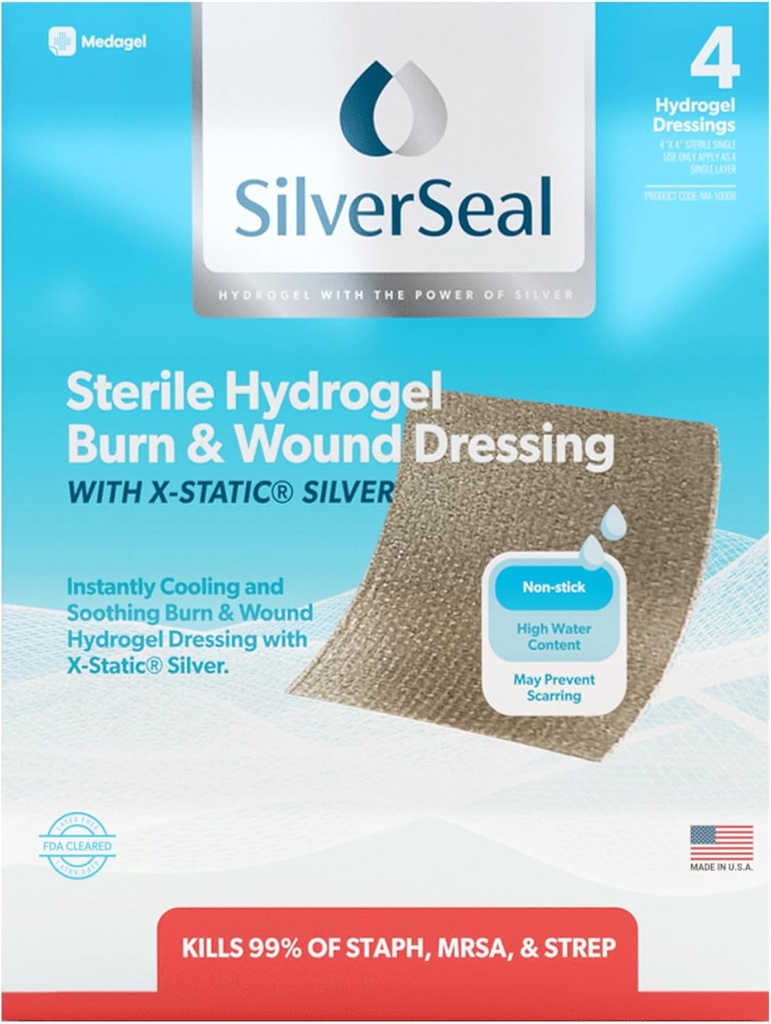 SilverSeal Burn ve Yara Giymek | Hydrogel Pads with X-Stat Silver | Soothing, Moist & Koruyucu | Burns, Cuts & Yaralar | 4 Steril Elbiseleri |