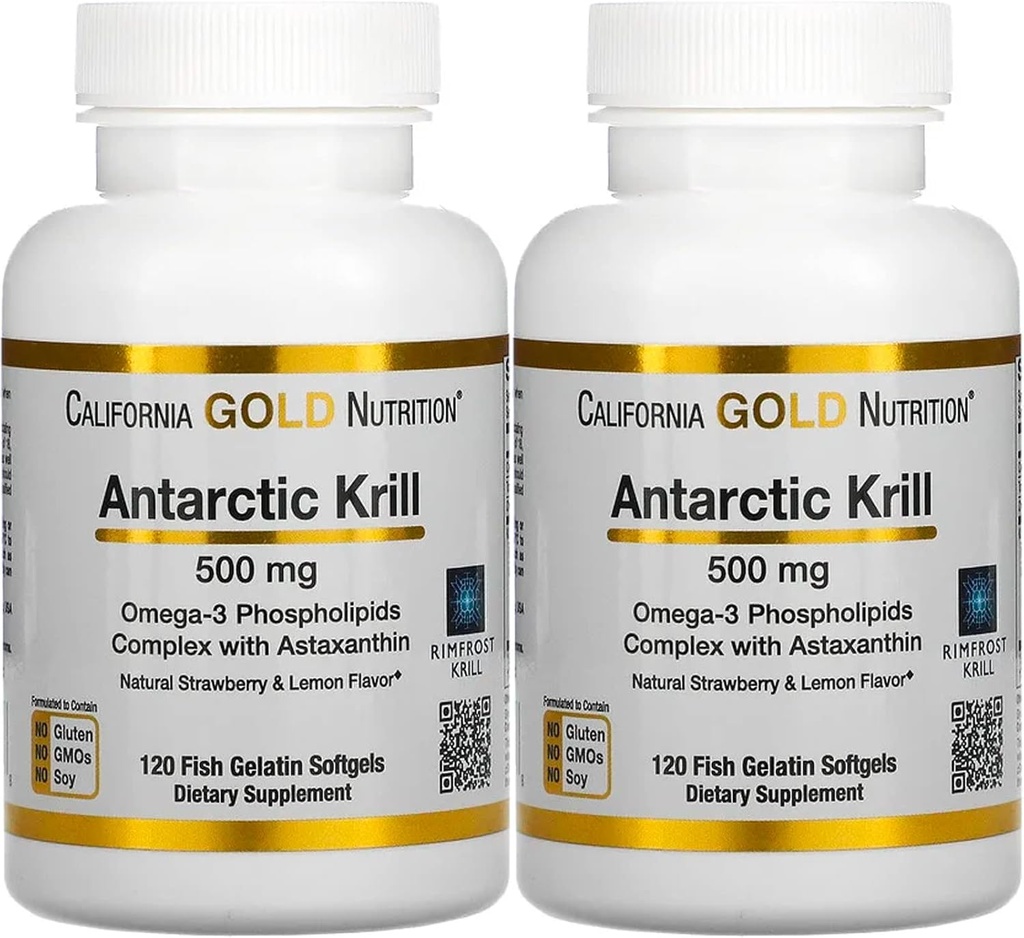 California Gold Nutrition Antarktika Krill Oil, Ultra-High Omega-3 with Astaxanthin, Natural Strawberry & Lemon Flavor, Non GMO, Gluten Free, 500 mg, 120 Fish Gelatin Softgels, 2 Pack