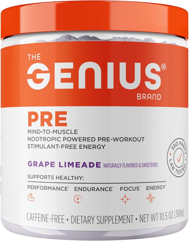 Genius Pre Caffeine-Free Pre Workout Boosted Energy, Focus, Performance Nootropic Formula AlphaSize, Citrulline Malate, CarnoSyn Beta Alanine Endurance, Stamina, Recovery, 20 Hizmet - Grape Limeade