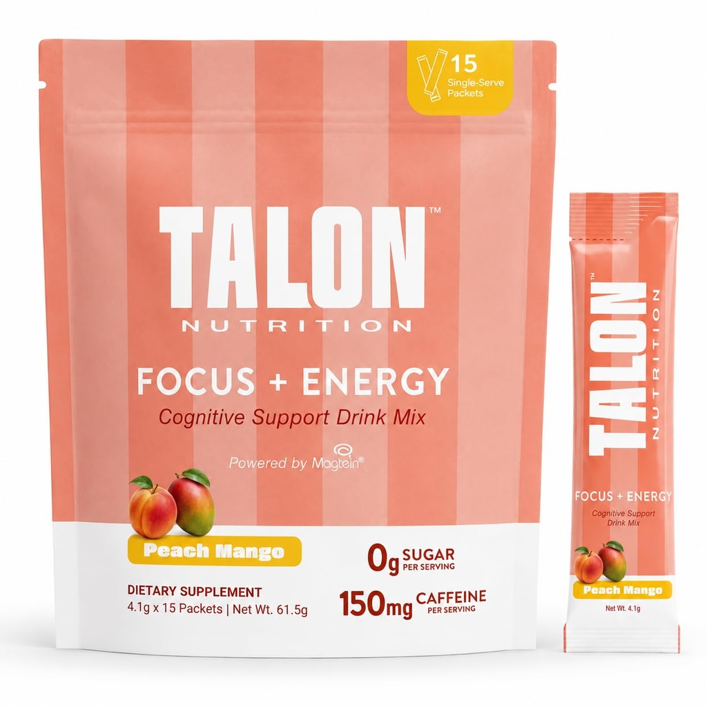 Talon Focus and Energy Drink Mix – Magtein Magnesium L-Threonate, Alpha GPC, Rhodiola & L Theanine - Brain Supplements for Memory and Focus with Caffeine - 15 Single Serve Packets (Peach Mango)