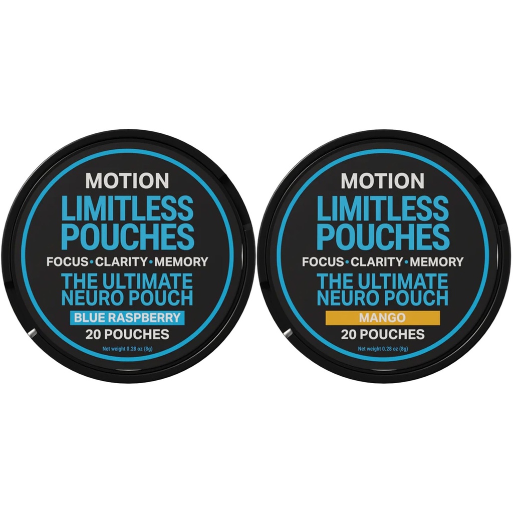 MOTION Focus & Energy Supplement Pouches Variety Bundle – Tropical Mango & Blue Raspberry – Nootropic Dietary Supplement for Mental Clarity & Focus – 20 Pouches Each