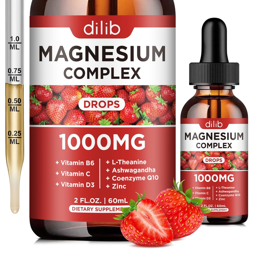 Triple Complex Supplement, Magnezyum Glycinate, Blend, Citrate Liquid Drops 1000 mg with Ashwagandha, CoQ10, Vitamin B6, C, D, çinko - Support Calm Stress Relief, Bone, Muscle, Mood Vegan