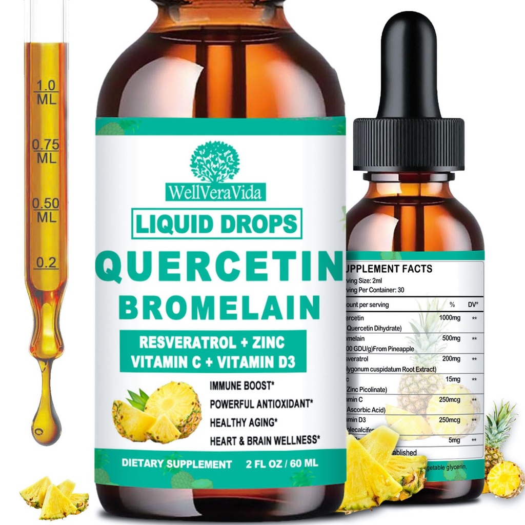 Bromelain Liquid Drops, 4X Downloader Than Capsules & Pills, 7in-1 Organik çinko Quercetin 1000 mg with Bromelain 500 mg Vitamin C D3 Immune Support for Respiratory Health & Antioksils