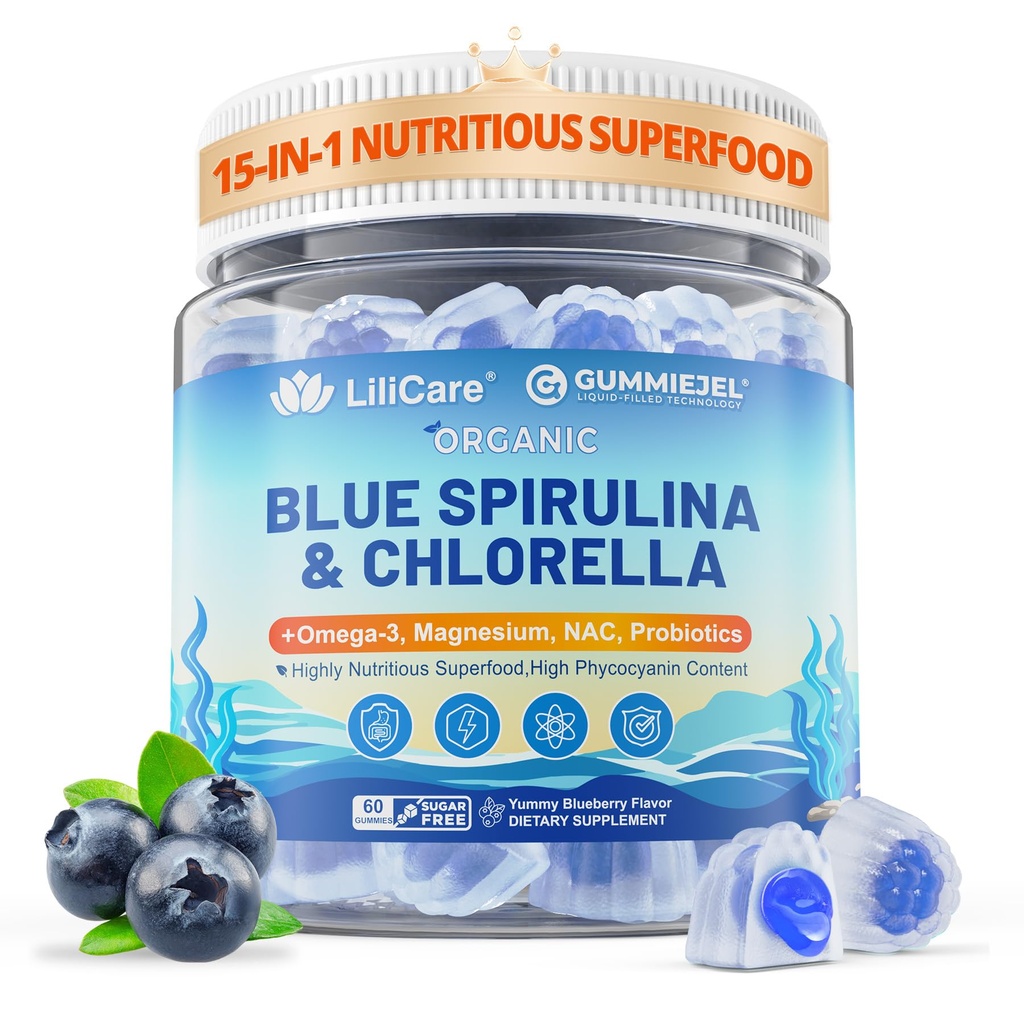 Organic Blue Spirulina Chlorella Gummies, Superfoods & Excellent Source of Vegan High Phycocyanin, Chlorophyll, B-Complex, Essential Minerals for Energy, Antioxidants, Det♡x, Sugar Free, 60 Cts