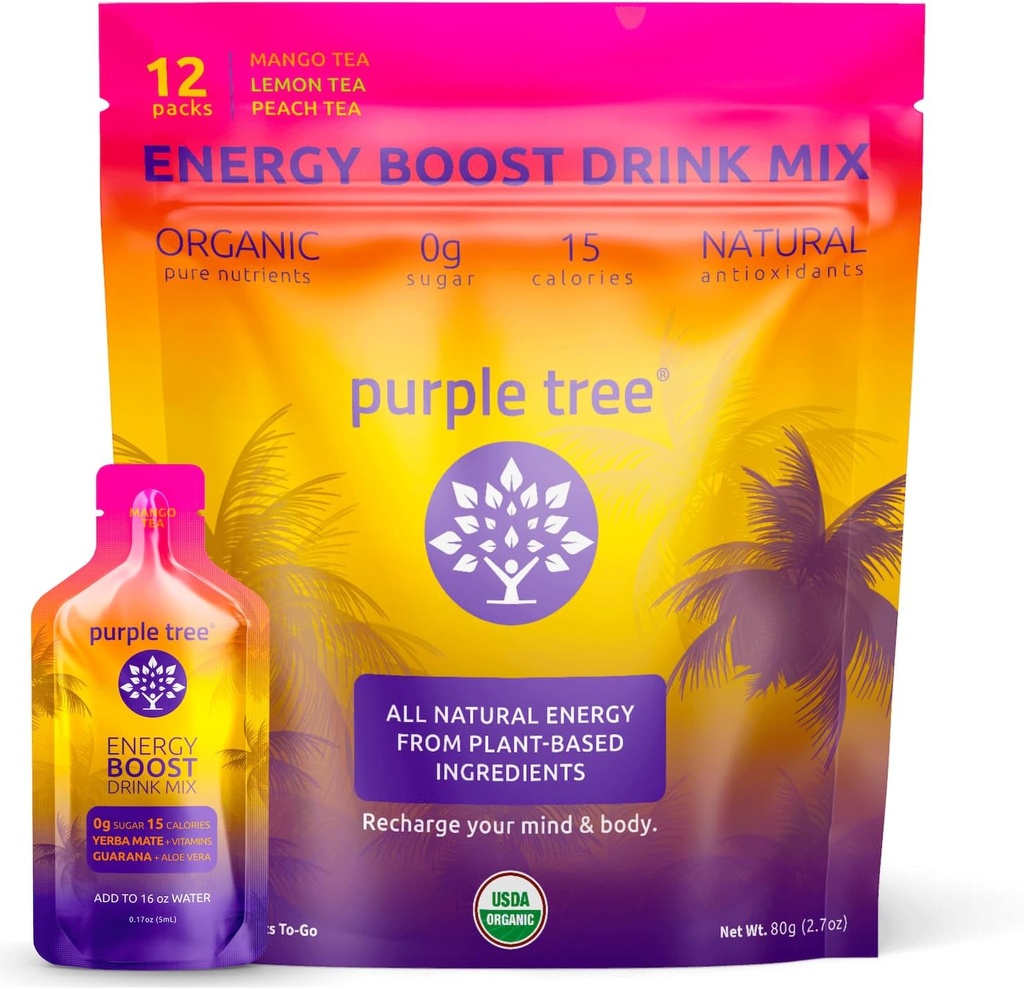 mor tree Organic Energy Stick Packets – Zero Sugar, 80mg Natural Caffeine from Yerba Mate & Guarana, B12 Vitaminleri ile Smooth, Crash-Free Energy – Lemon Iced Tea Flavor, 12 to-Go Packs