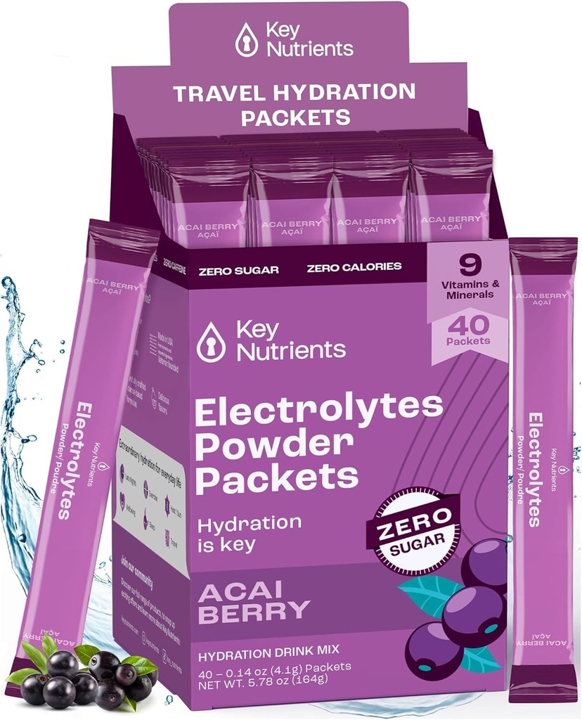 KEY NUTRIENTS Multivitamin Electrolytes Toz Paketleri - Lezzetli Acai Berry 40 Pack Hydration Packets - Travel Hydration Toz - No Sugar, No Calories, Gluten Free - Made in USA