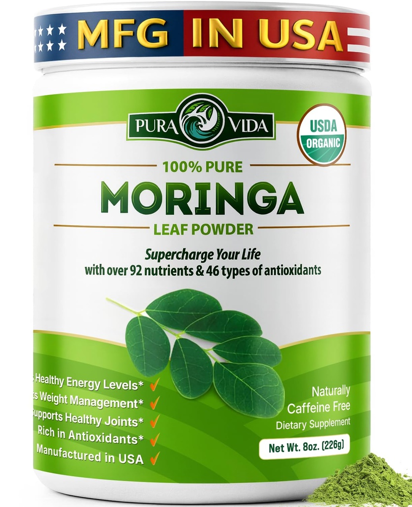 PURA VIDA MORINGA Toz Organik Tek Kökeni - Premium 100% Leaf Toz, USDA Organik Moringa Oleifera, Moringa Leaf Toz - Parlaklar ve Tarifler için Mükemmel. 8 oz.