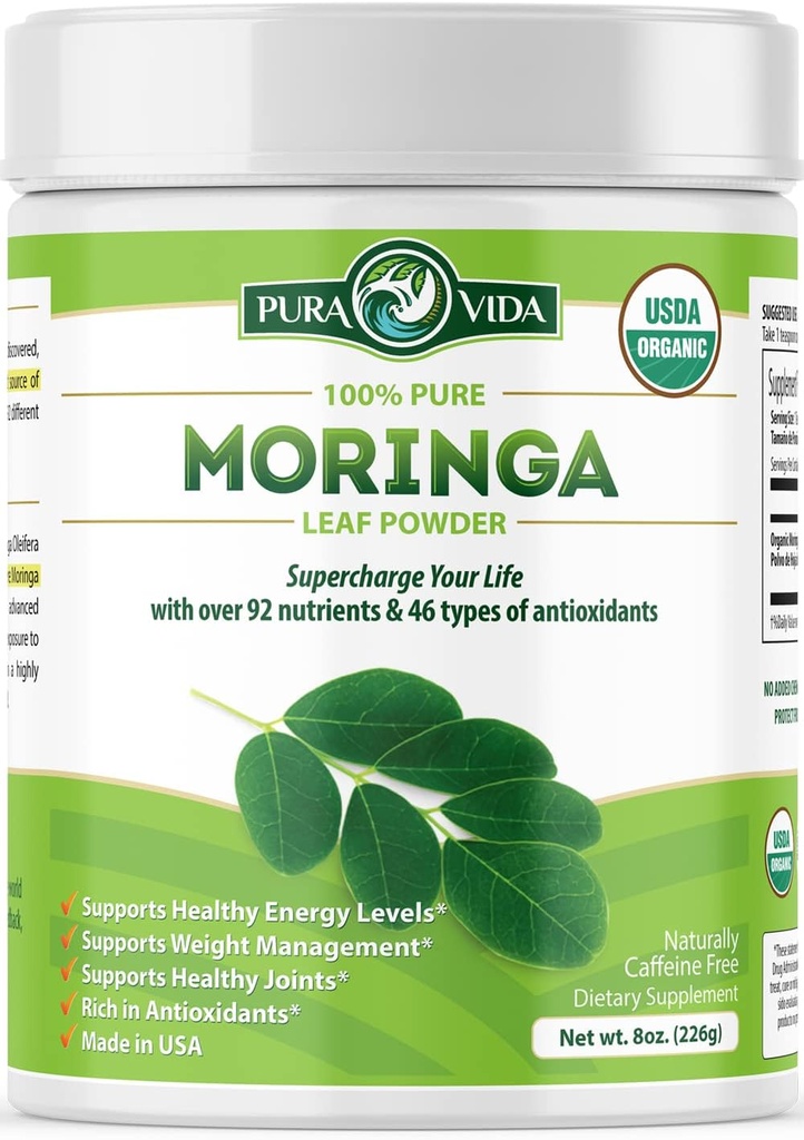 PURA VIDA MORINGA Toz Organik Tek Kökeni - Premium 100% Leaf Toz, USDA Organik Moringa Oleifera, Moringa Leaf Toz - Parlaklar ve Tarifler için Mükemmel. 8 oz.