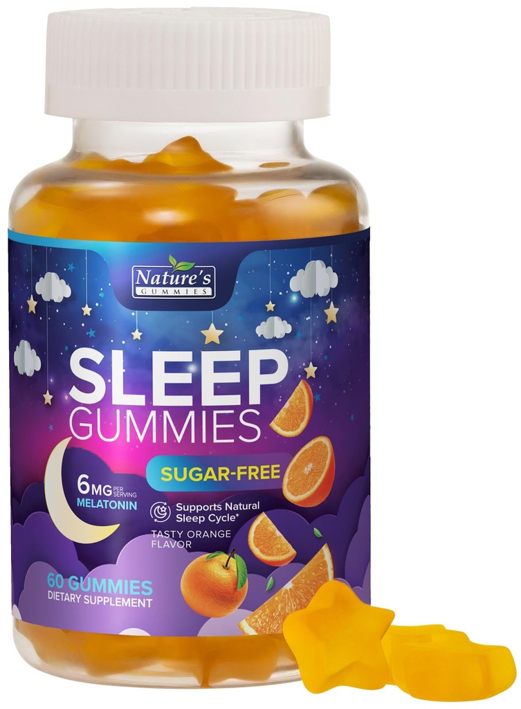 Sleep Gummies Supplement 6 mg - Sugar Free Melatonin Gummy for Yetişkinler, Natural Zero Sugar Uyku Gummy for Yetişkinler, Çocuklar, Orange Flavored, Vegan, Ekstra Güçlü Uyku Vitamini Desteği - 60 Gummies