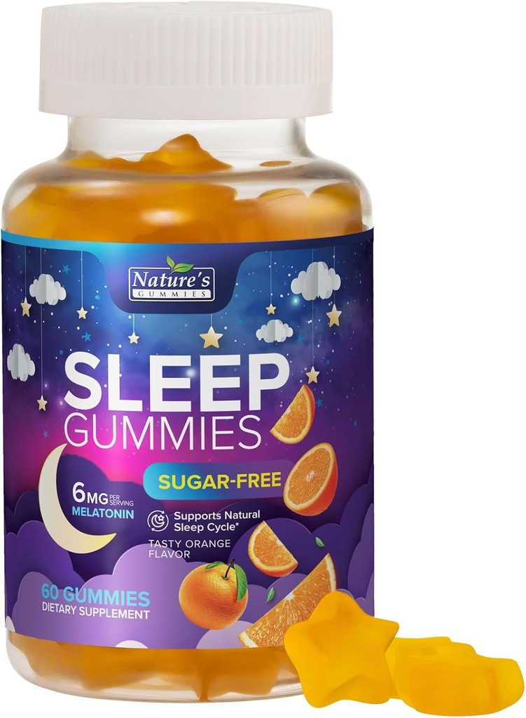 Sleep Gummies Supplement 6mg - Sugar Free Melatonin Gummy για ενήλικες, Φυσικό Zero Sugar Sleep Gummy για ενήλικες, παιδιά, Πορτοκαλί Γεύση, Vegan, Extra Strength Sleep Vitamin Support - 60 Gummies