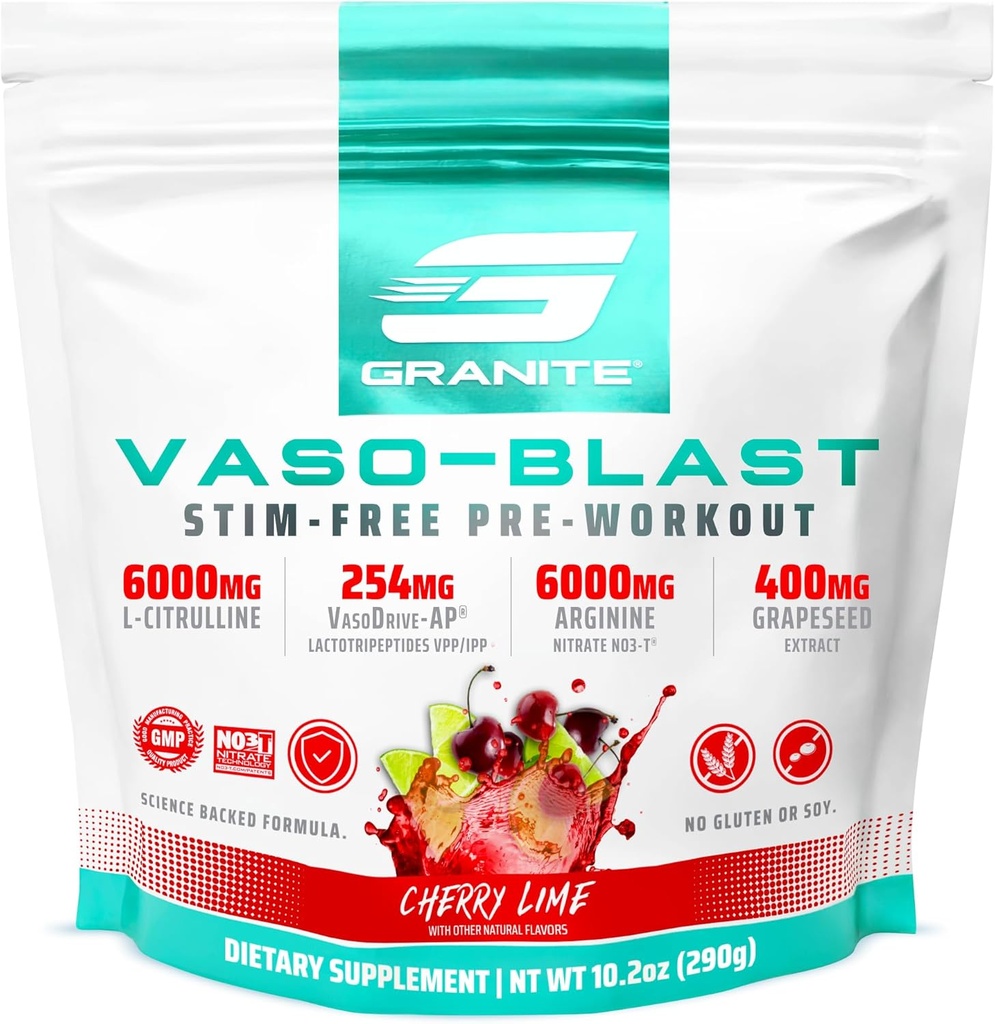 Granite Supplements Vaso Blast, Cherry Lime Flavor, Stimulant-Free Pre Workout for Men & Women with Grapeseed Extract, Arginine Nite, & VasoDrive-AP for Max Pump (20 Servisler)