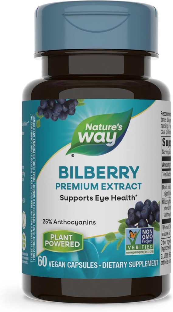 Nature's Way Bilberry Premium Extract, Supports Eye Health*, Eye Health Supplement for Yetişkinler with Black Elderberry*, Gluten Free, Vegan, 60 Capsules (Pazar Mayıs Vary)
