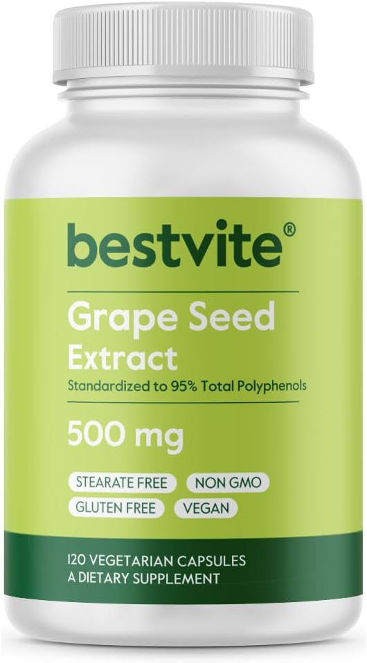 BESTVITE Grape Tohumu 500 mg (120 Vejetaryen Capsules) - No Stearates - Standardized to% 95 Polyols