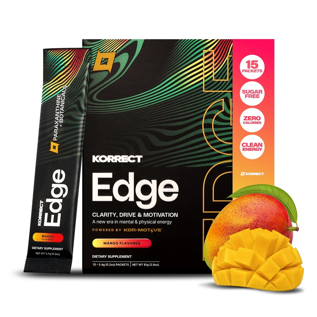 Korrect Edge Paraxanthine Powder | Clean Energy & Focus Supplement | Caffeine Alternative for Mental Clarity & Jitter-Free Stamina | Vegan, Gluten Free, Non-GMO | 15 Single-Serve Packets, Mango