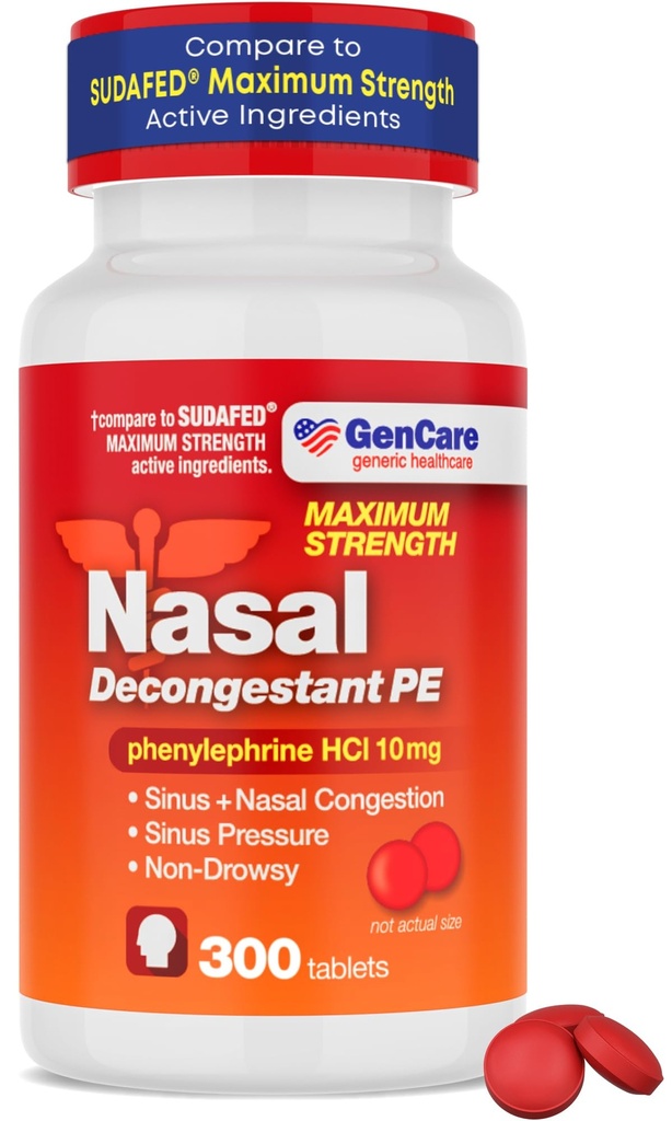 GenCare - Nasal Decongestant (10mg Tabletler) Phenylephrine HCl (300 Tablet Şişede 300 Tablet) | Değer Paketi Drowsy Sinus ve Nasal Congestion Relief | Low Sinus Baskısı Allergies veya Illness