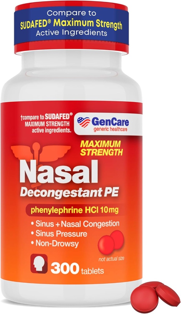 GenCare - Nasal Decongestant (10mg Tabletler) Phenylephrine HCl (300 Tablet Şişede 300 Tablet) | Değer Paketi Drowsy Sinus ve Nasal Congestion Relief | Low Sinus Baskısı Allergies veya Illness