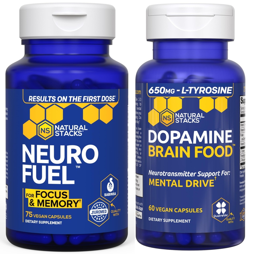 NATURAL STACKS NeuroFuel Nootropic + Dopamine Brain Food Bundle - Υποστηρίζει τη μνήμη, κίνητρο και εστίαση* - 135 Σύνολο καψακίων