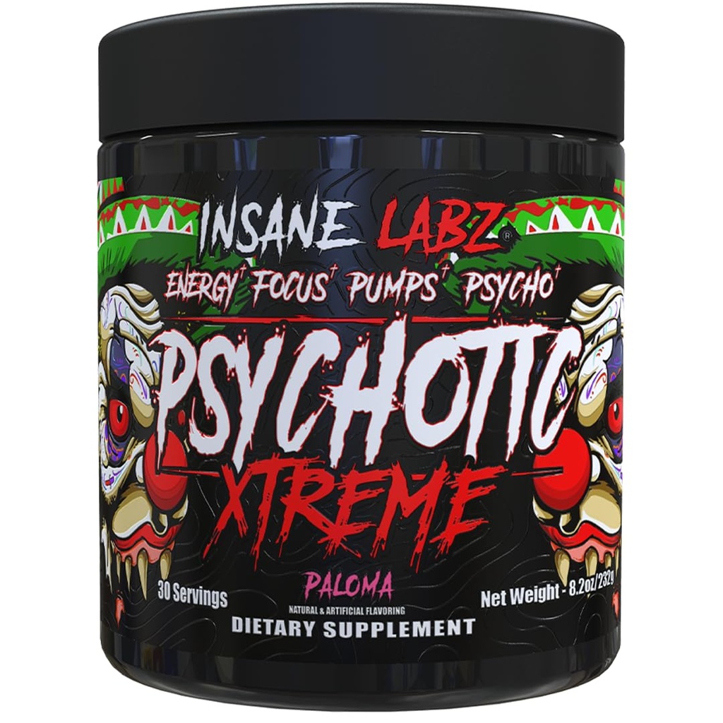 Insane Labz Psychotic Xtreme, High Stimulant Pre Workout Powder, Extreme Lasting Energy, Focus and Endurance with Beta Alanine, Panax Ginseng, Theobromine, DMAE (30 Servings, Paloma)