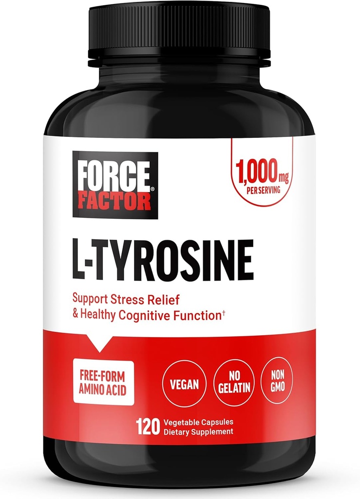 FORCE FACTOR L Tyrosine Stress Relief Supplement, L-Τυροσίνη Συμπληρώματα Εγκεφαλικής Υγείας για Ενήλικες, L-Τυροσίνη 500mg Κάψουλες, Ελεύθερη Μορφή, Vegan, Όχι Ζελατίνη, Μη ΓΤΟ, 120 Κάψουλες