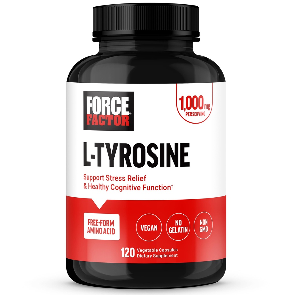 FORCE FACTOR L Tyrosine Stress Relief Supplement, L-Tyrosine Brain Health Supplements for Yetişkinler, L-Tyrosine 500 mg Capsules, Free Form, Vegan, No Gelatin, Non-GMO, 120 Capsules