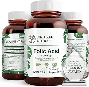 Natural Nutra Folic Acid Folate Vitamin B9 Supplement, Προγεννητική Βιταμίνη για την Καρδιά και την Καρδιαγγειακή Υγεία, Σχηματισμός Ερυθρών Κυττάρων, Χορτοφαγικά και Χωρίς Γλουτένη Συμπληρώματα, 800 mcg, 100 Δισκία