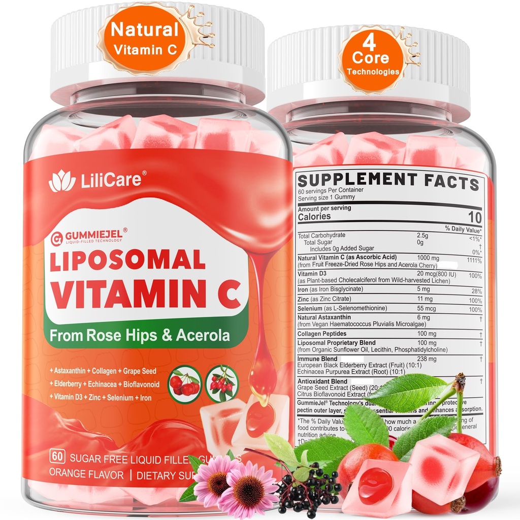 Yetişkinler için Doğal Liposomal Vitamin C 1000 mg Gummies 9+, 1660 mg Chewable Vitamin C w / 11 mg çinko, D3, Elderberry, Echinacea, Bioflavono, Immune Support - Organik VIT C Meyvelerden, Şeker Ücretsiz