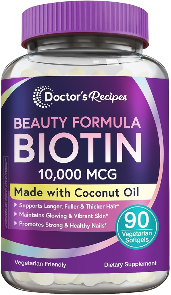 Doktor'un Tarifleri Biyotin 10.000 mcg, Saç Büyüme, Sağlıklı Skin & Nails, Enerji Metabolism, Vejetaryen-Friendly Biotin, Coconut Oil, Non-GMO, 3 Ay Supply, 90 Vegetarian Softgels