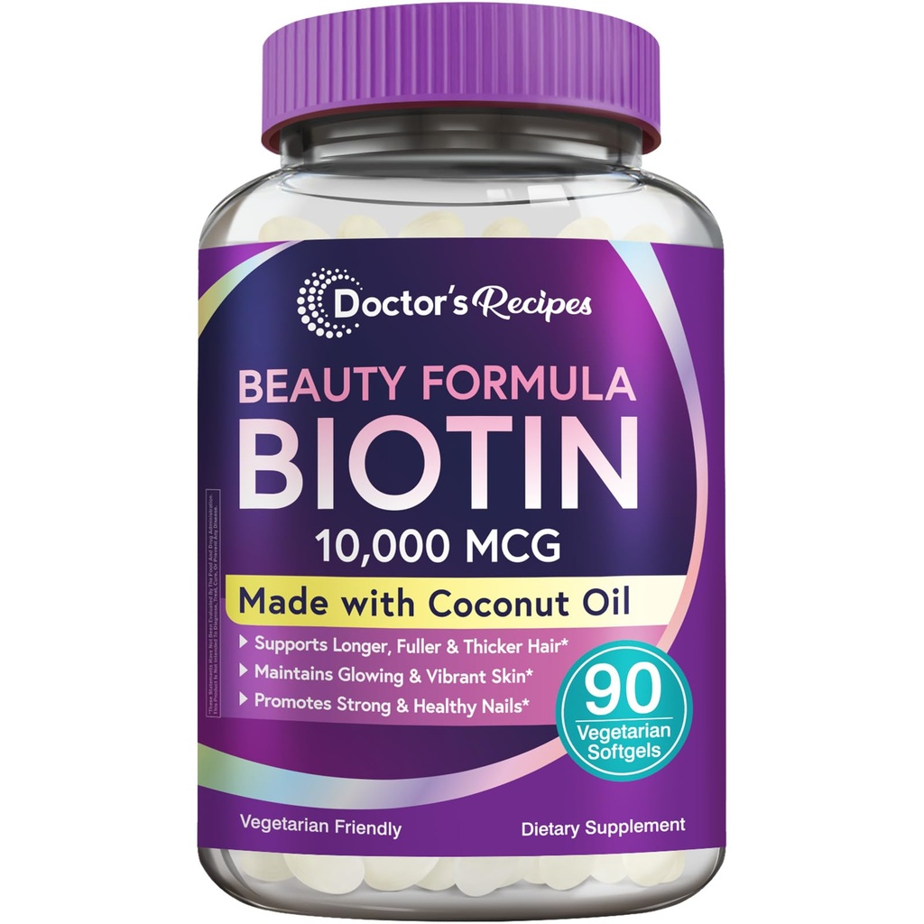 Doktor'un Tarifleri Biyotin 10.000 mcg, Saç Büyüme, Sağlıklı Skin & Nails, Enerji Metabolism, Vejetaryen-Friendly Biotin, Coconut Oil, Non-GMO, 3 Ay Supply, 90 Vegetarian Softgels