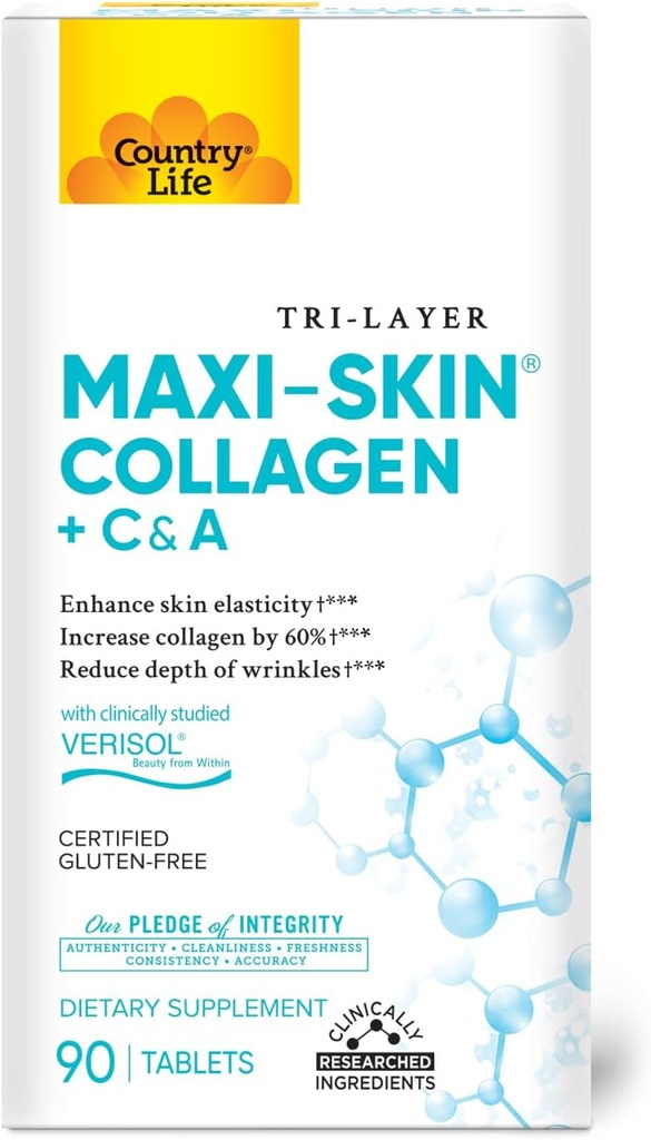Country Life Verisol Collagen Peptides Tablets - Μειώστε το Βάθος του W[KB2] Pinkles & Enhance Skin Elasticity-90 Tablets-Περιλαμβάνει Βιταμίνη A&C - Collagen Powder for Women & Men - Boost Skin Collagen κατά 60%