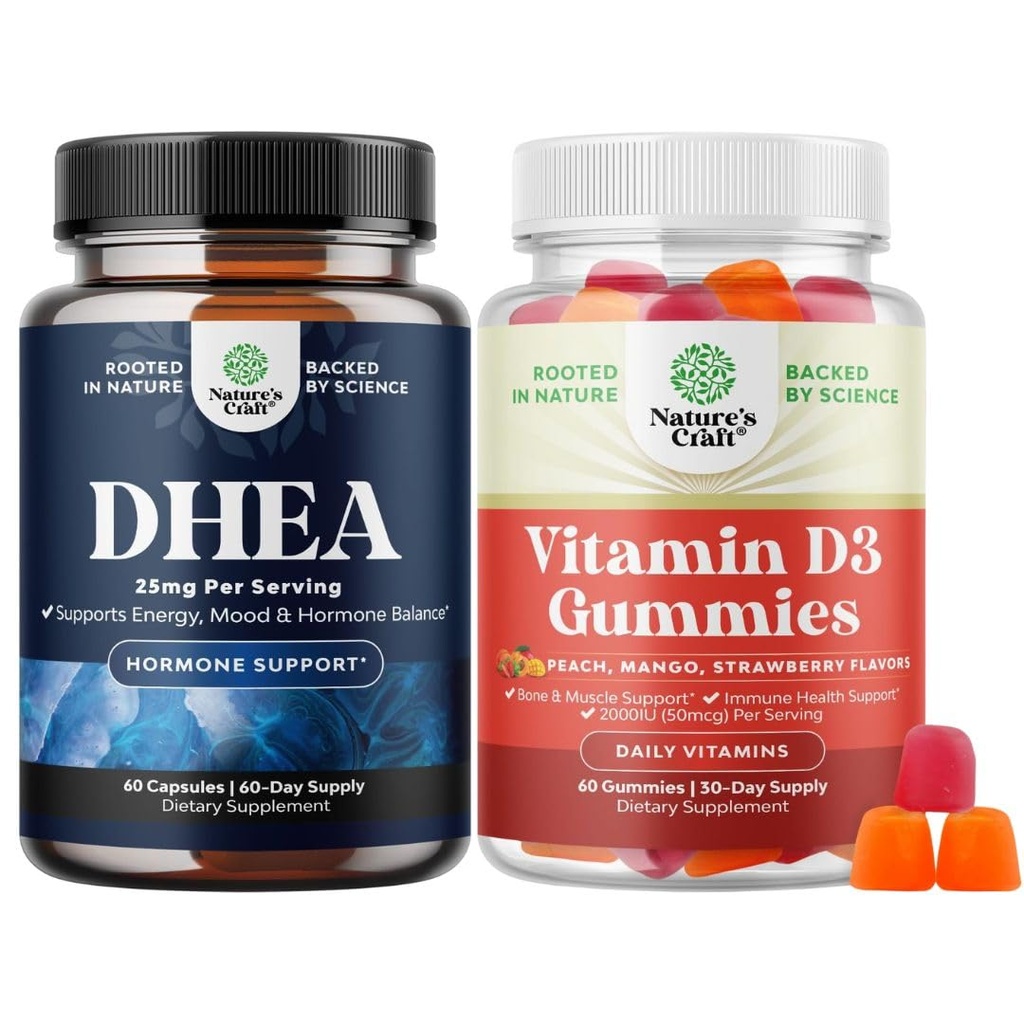 Δέσμη Pure DHEA 25mg για γυναίκες και άνδρες για την ανοσοποιητική υποστήριξη και βιταμίνη D3 Gummies για την καθημερινή ευεξία των μυών των οστών & ανοσοποιητική υποστήριξη