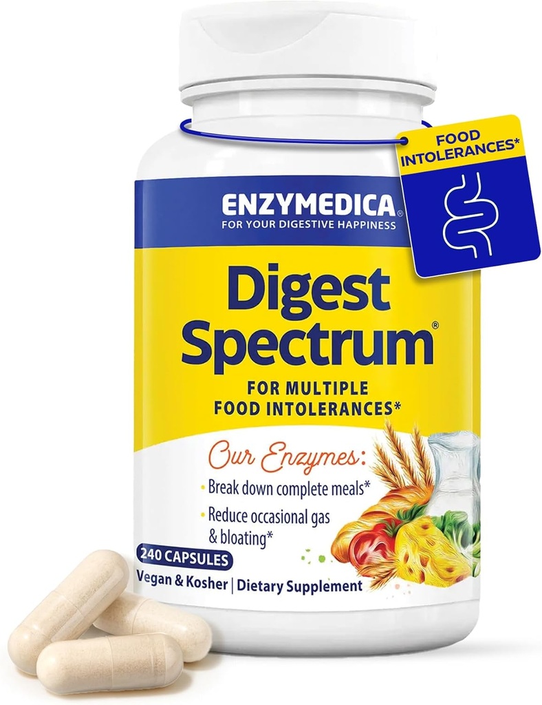 Enzymedica Digest Spectrum, Kadınlar ve Erkekler için Gelişmiş Digestive Enzymes, Destekler Digestion and multiple Food intolerances, Fast-Acting Formula for Gas and Bloating Relief, 240 Capsules