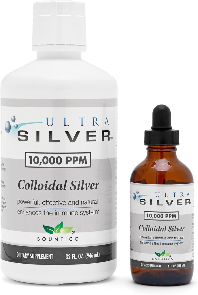 Ultra Silver® Colloidal Silver | 10.000 PPM, 32 Oz (946mL) | Mineral Tamam | Gerçek Colloidal Silver - 4 oz Dropper Şişe (Empty) Dispensing için dahil!