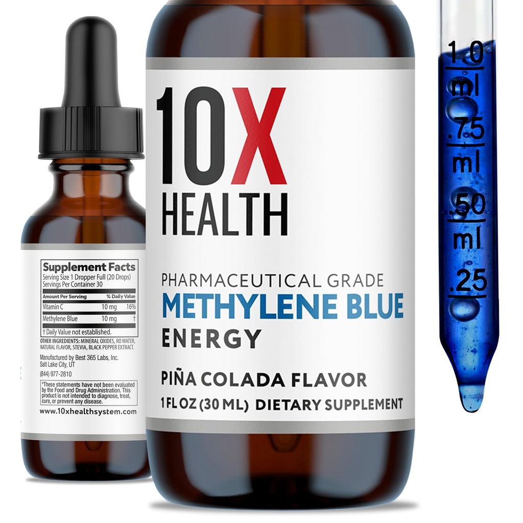10X Health Methylene Blue Drops with Black Pepper Extract - 30ml Methylene Blue Pharmaceutical Grade Liquid - Promotes Energy, Focus & Cognitive Support - Pina Colada Flavor, Vegan, Non-GMO