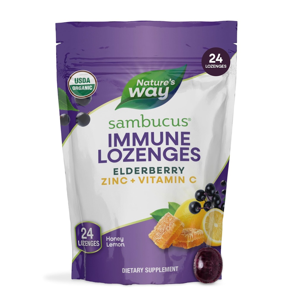 Nature's Way Sambucus çinko Lozenges with Elderberry and Vitamin C, Honey Lemon Flavor, 24 Lozenges