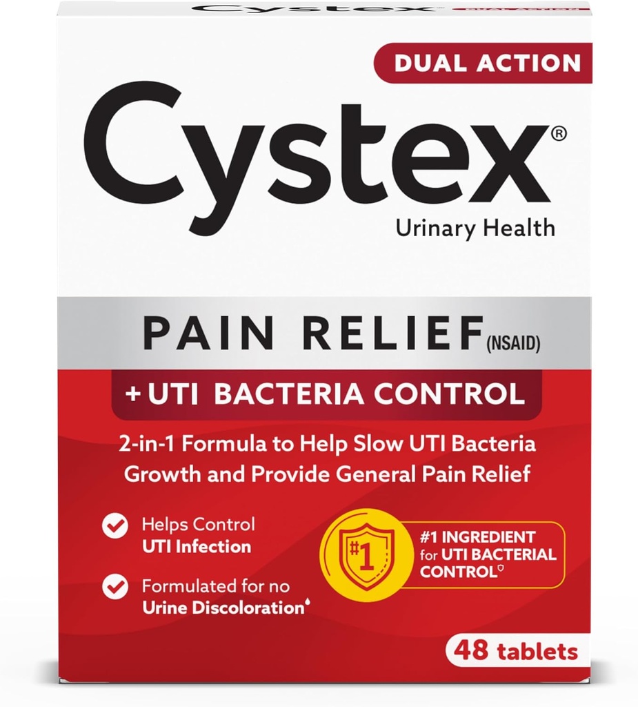 Cystex Dual-Action UTI Pain Relief & Prevention Tabletler - 2-in-1 Formula Relieves Discomfort & Slows Bakteriyel Büyüme - Non-Sing - 48-Count