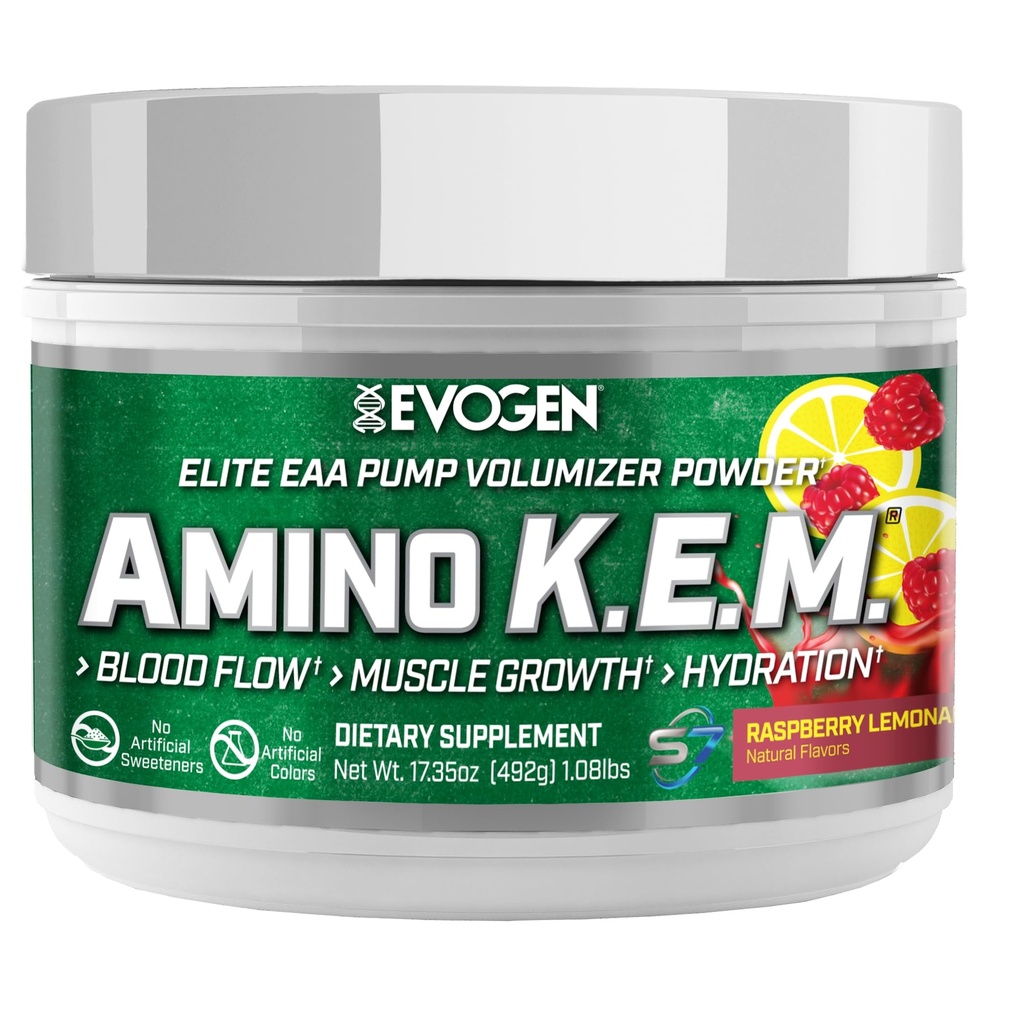Evogen Amino K.E.M. - EAA & BCAA Powder Pump Volumizer | BCAAs Amino Acids Supplement for Blood Flow, Muscle Growth, & Hydration | Natural Sweetened Raspberry Lemonade | 30 Servings