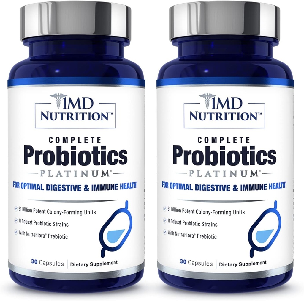 1MD Full Probiyotiks Platinum | Supports Digestive Health | Nourishing Prebiyotiks, 51 Milyar Canlı CFU, 11 Strains, Dairy-Free | 30 Sebze Kapsülleri (2-Pack)