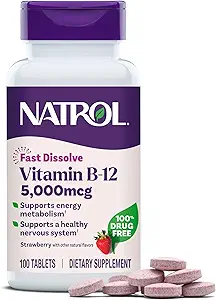 Natrol Βιταμίνη B12 Γρήγορη Διαλύστε δισκία, Προωθεί την ενέργεια, Υποστηρίζει ένα υγιές νευρικό σύστημα, μέγιστη δύναμη, Flavor Φράουλα, 5.000mcg, 100 Count (πακέτο του 2)