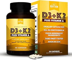 Φυσικός ρυθμός βιταμίνης D3 + K2 (MK7) Συν βιταμίνη Α, για την υγεία των οστών, της καρδιάς, & του ανοσοποιητικού, 30 κάψουλες