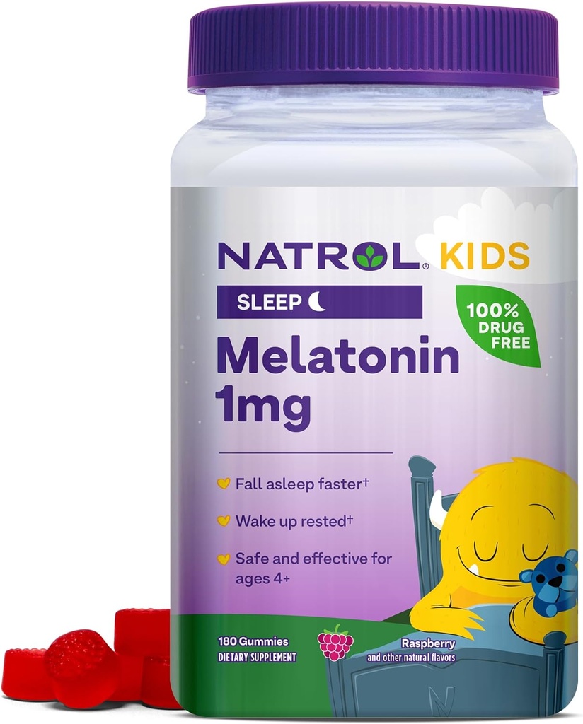 Natrol Παιδική μελατονίνη 1 mg, Συμπλήρωμα διατροφής για τον Ξεκούραστο Ύπνο, Μελατονίνη Gummies για τα παιδιά, 180 Raspberry-Flavored Gummies, Μέχρι 180 Ημέρα προσφοράς