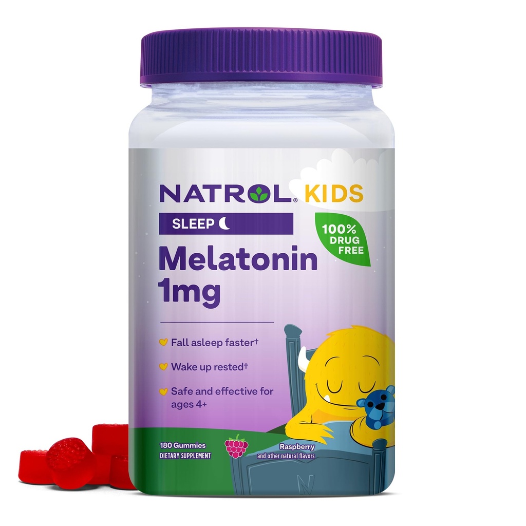 Natrol Kids Melatonin 1 mg, Dietary Supplement for Restful Sleep, Melatonin Gummies for Kids, 180 Raspberry-Flavored Gummies, Up to a 180 Day Supply