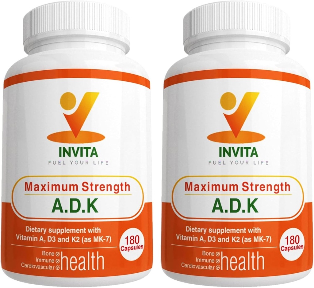 INVITA ADK - Vitamin A1, Vitamin D3 5000 IU & K2 MK7 Supplement - Doktor Formula ve Immune System Support - Gluten Free, Non-GMO - 180 Vejetary Capsules for Men & Women