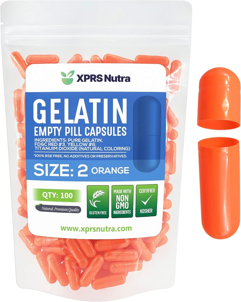 XPRS Nutra Μέγεθος 2 Κενές κάψουλες - 100 Count Empty Gelatin Κάψουλες - Χάπια DIY Καψάκιο Γέμισμα - Καθαρά καπάκια τζελ Μπόβιν Χάπια για Do-It-Yourself Συμπληρώματα (Orange)