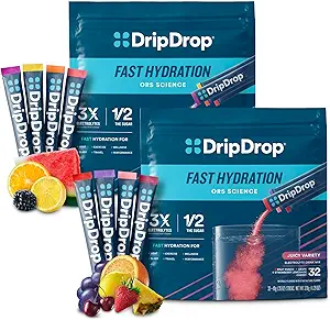 DripDrop Hydration - Electrolyte Toz Paketleri - Watermelon, Berry, Lemon, Orange, Meyveli, Grape, Strawberry Lemonade, Cherry - 64 Kont