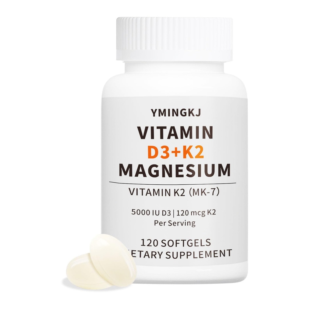 Vitamin D3 K2 5000 IU 120 Softgels with Magnesium Supplement - & 120mcg MK-7 K2 for Bone Health & Immune Support - Non-GMO & Gluten-Free Softgels with MCT Oil