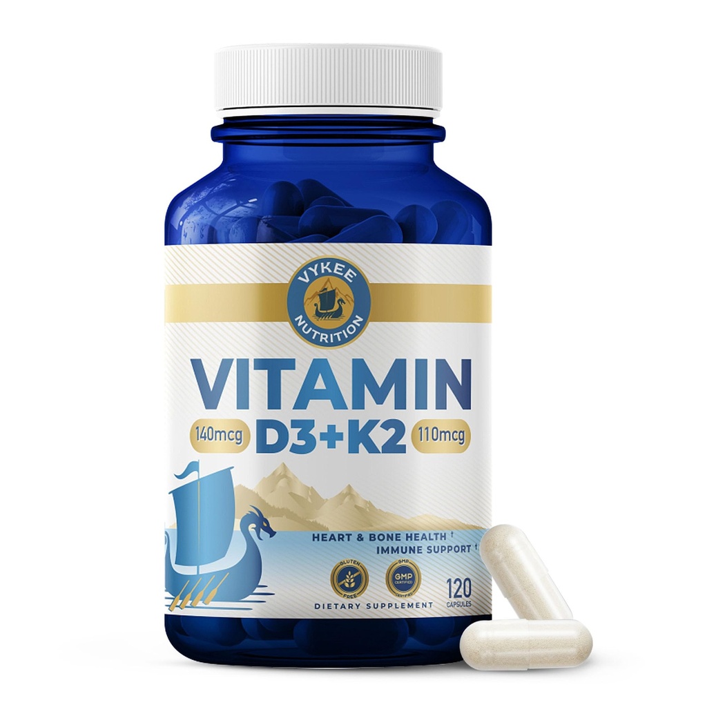 Vykee Nutrition Vitamin D3 K2 Complex - High Potency 140 mcg D3 Vitamin and 110mcg Vitamin K2 (MK-7) - Vegan Supplement for Bone and Heart Support, Non-GMO, Gluten-Free - 120 Count