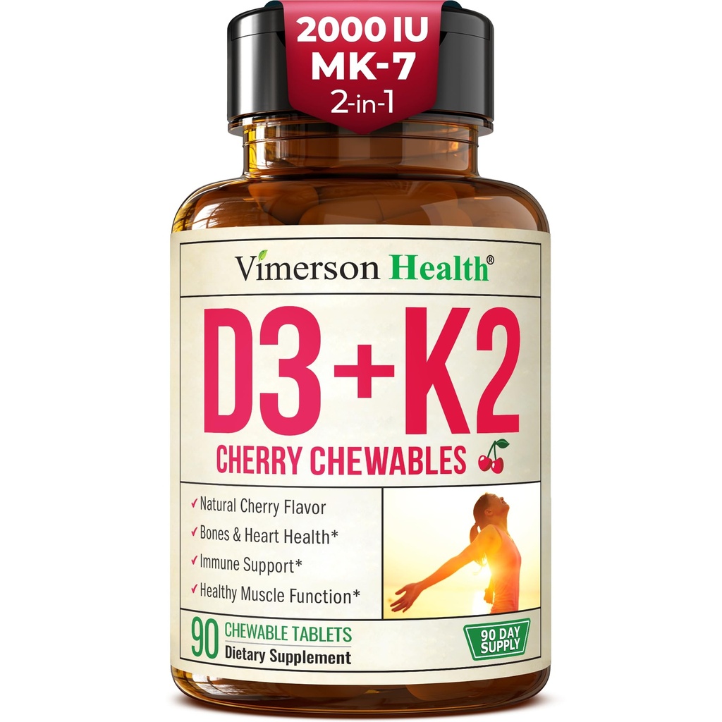 Vitamin D3 K2 Supplement – All-in-1 Support for Immune, Bone & Heart Health – Vitamin D + Vitamin K (as MK7) – K2 D3 2000IU Vitamin Supplement, 90 Natural Cherry-Flavored Chewables