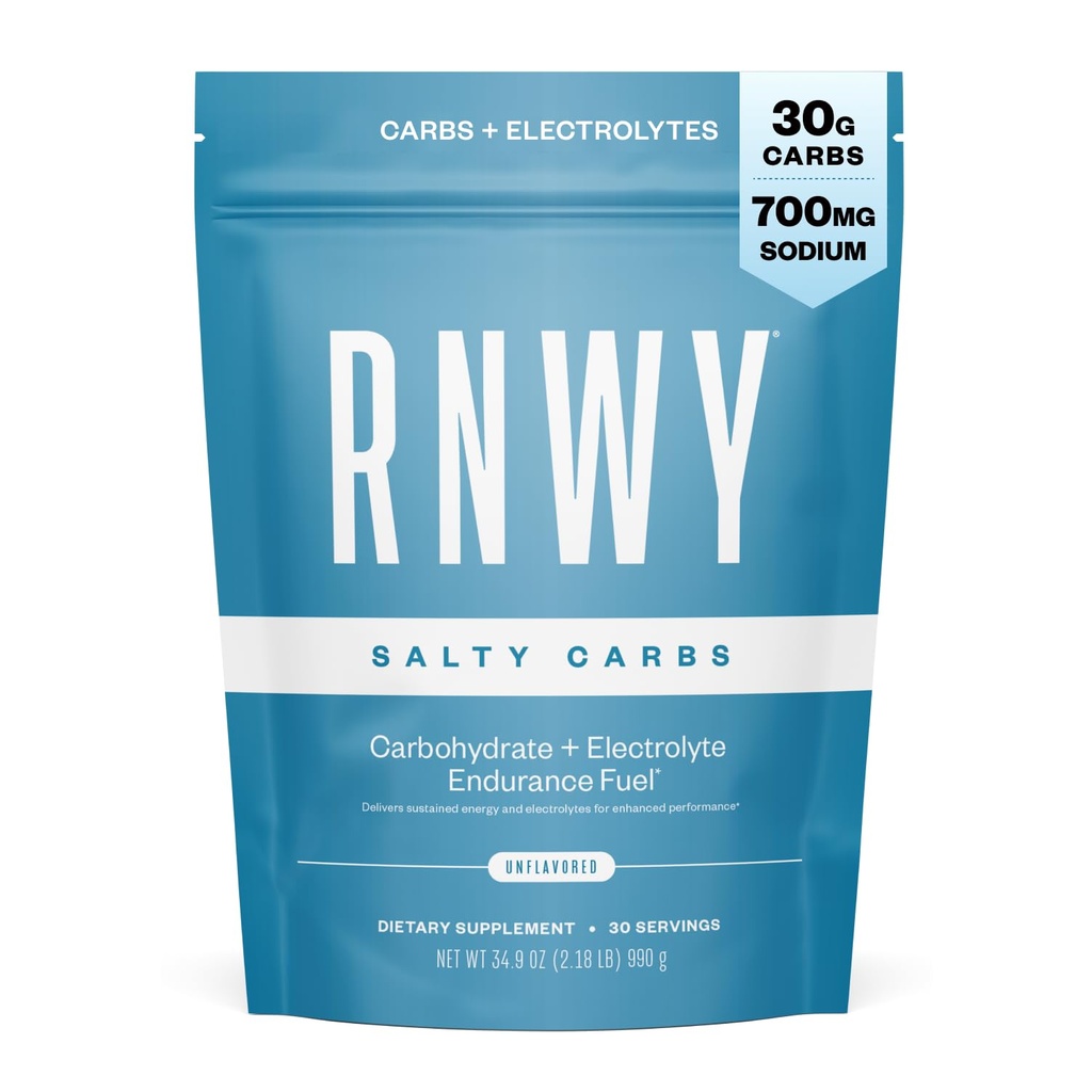 RNWY Salty Carbs Electrolyte Drink Mix 30g Dual-Action Carbs + 700mg Sodium, Endurance Fuel for Runs, Rides and Races, Gluten-Free, Dairy-Free, Non-GMO (30 Servings, Unflavored)