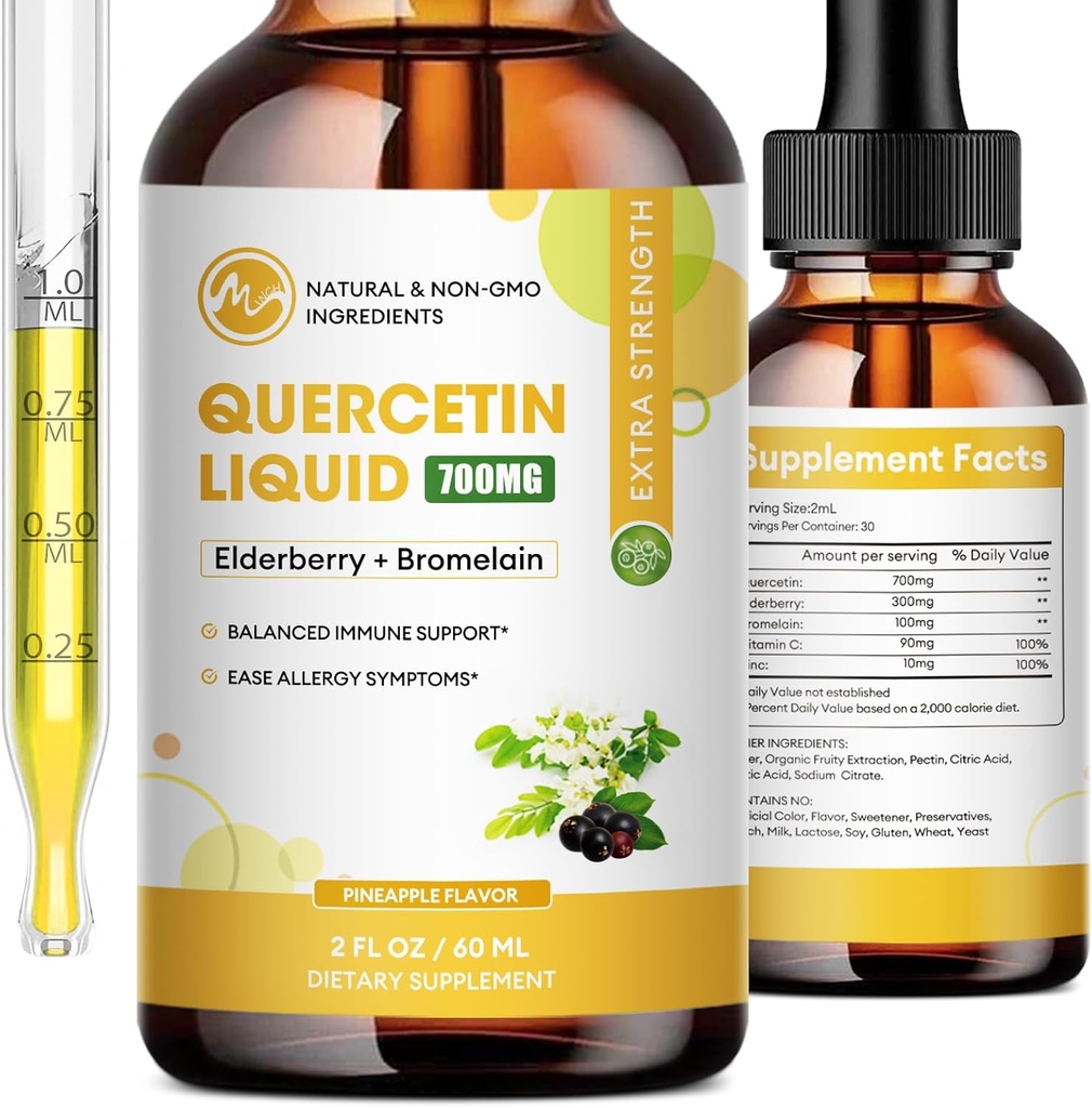 (2 Pack) Quercetin Liquid Drops - Quercetin Supplements 700 mg - 4X Güçlü Pills & Capsules - 5 in 1 Quercetin with Bromelain Elderberry Vitamin for Immunity Respiratory Wellness- 2 Fl Oz*2
