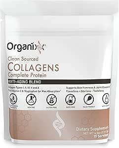 Organixx Collagen Peptides Powder with Vitamin C, Types I, II, III, V, X Hydrolyzed Collagen, Hair, Nail, Skin, Bone & Joint Health, Aging Support, Clean Sourced, Gluten Free, Unflavored, 15 Servings